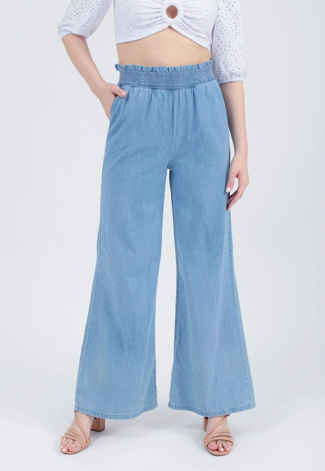 Calça Jeans Wide Leg Cós Elástico