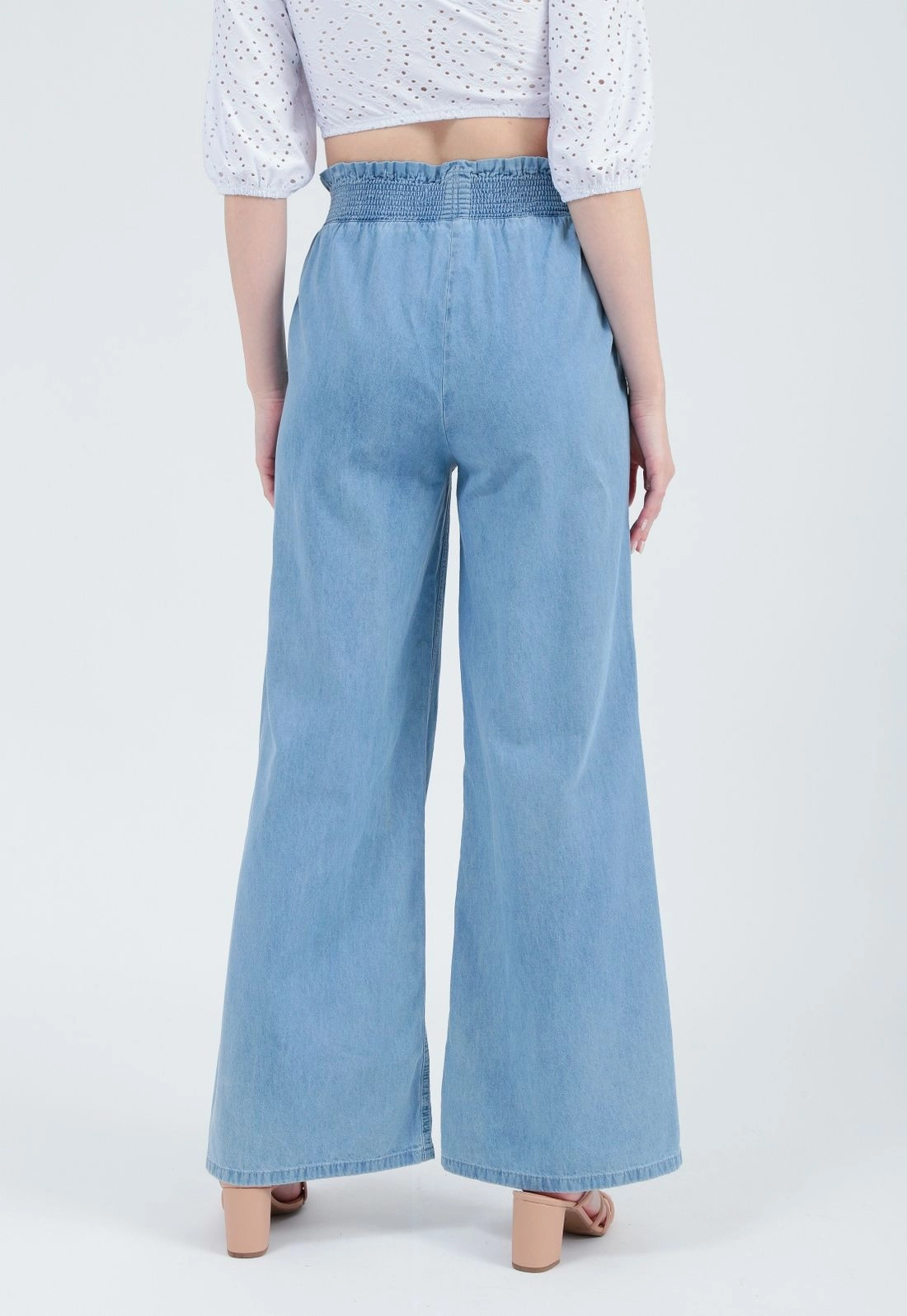 Calça Jeans Wide Leg Cós Elástico