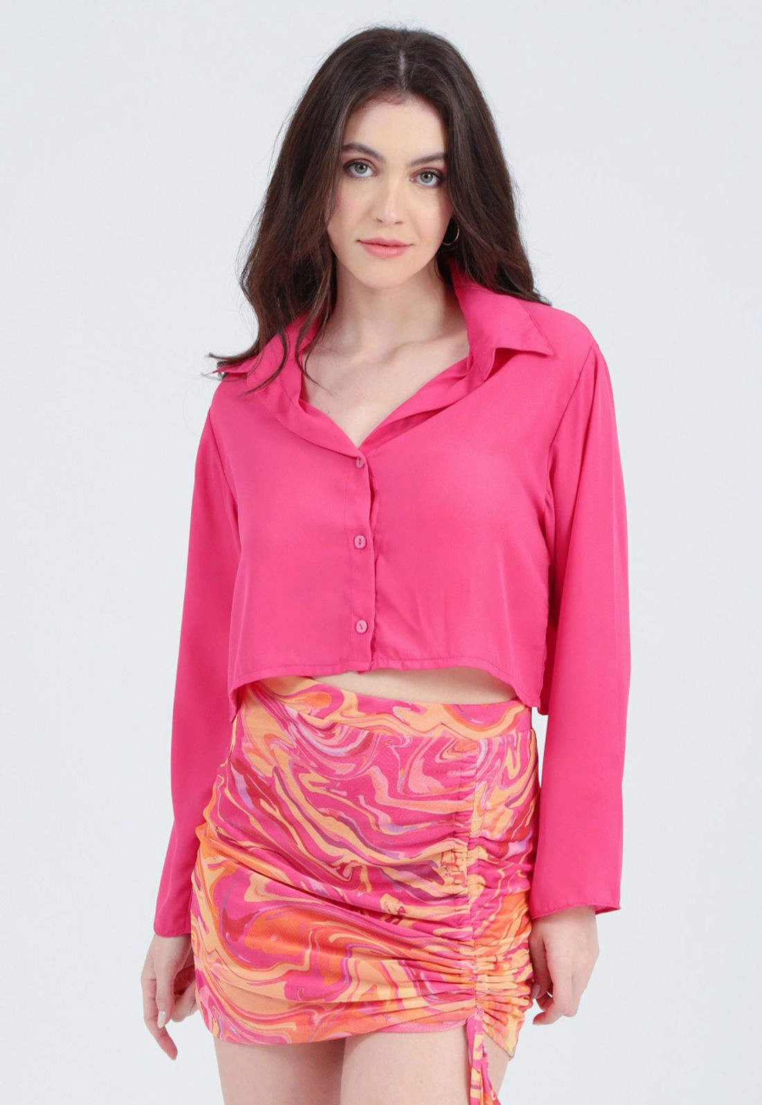 Camisa Cropped Crepe Manga Longa