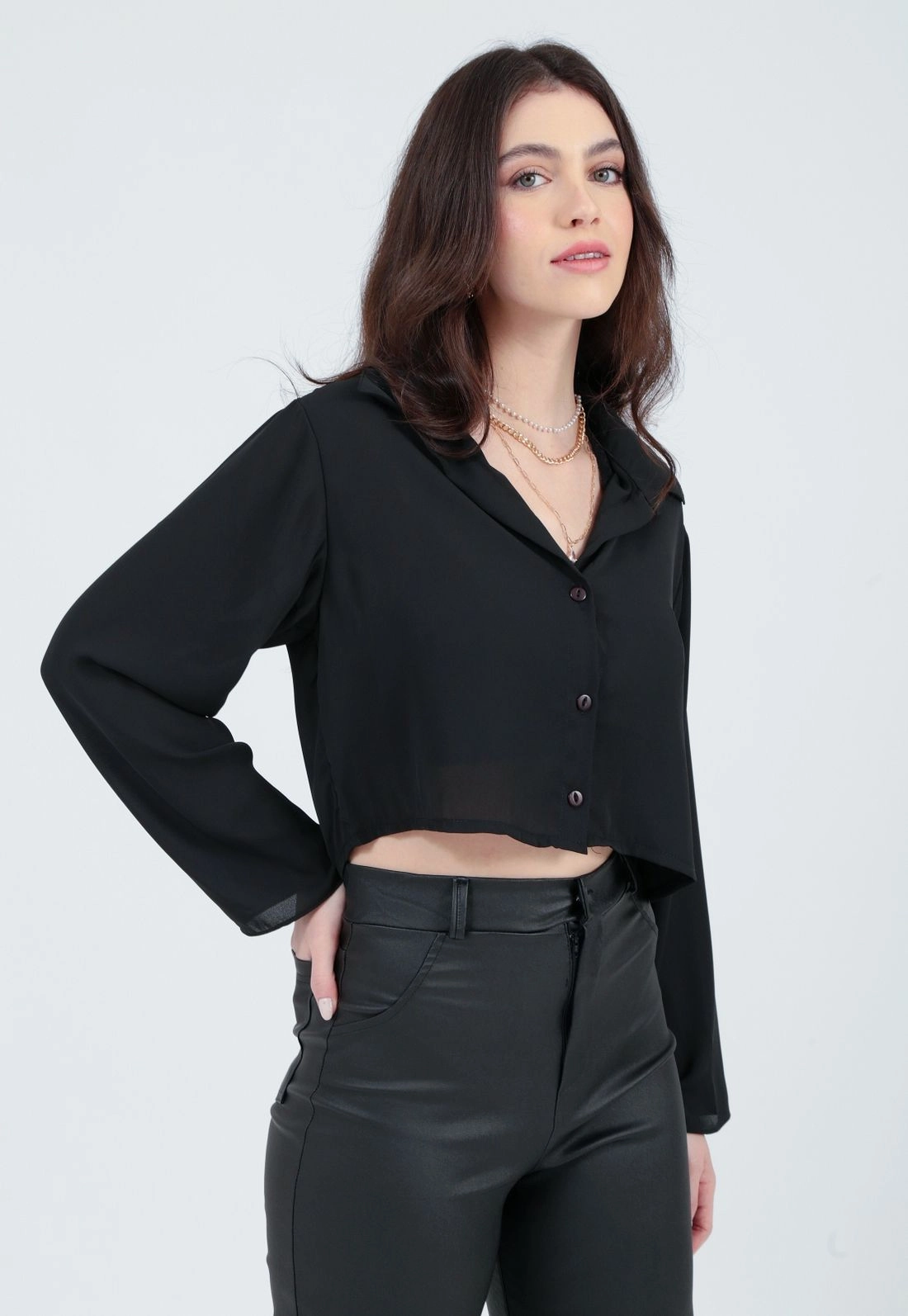 Camisa Cropped Crepe Manga Longa