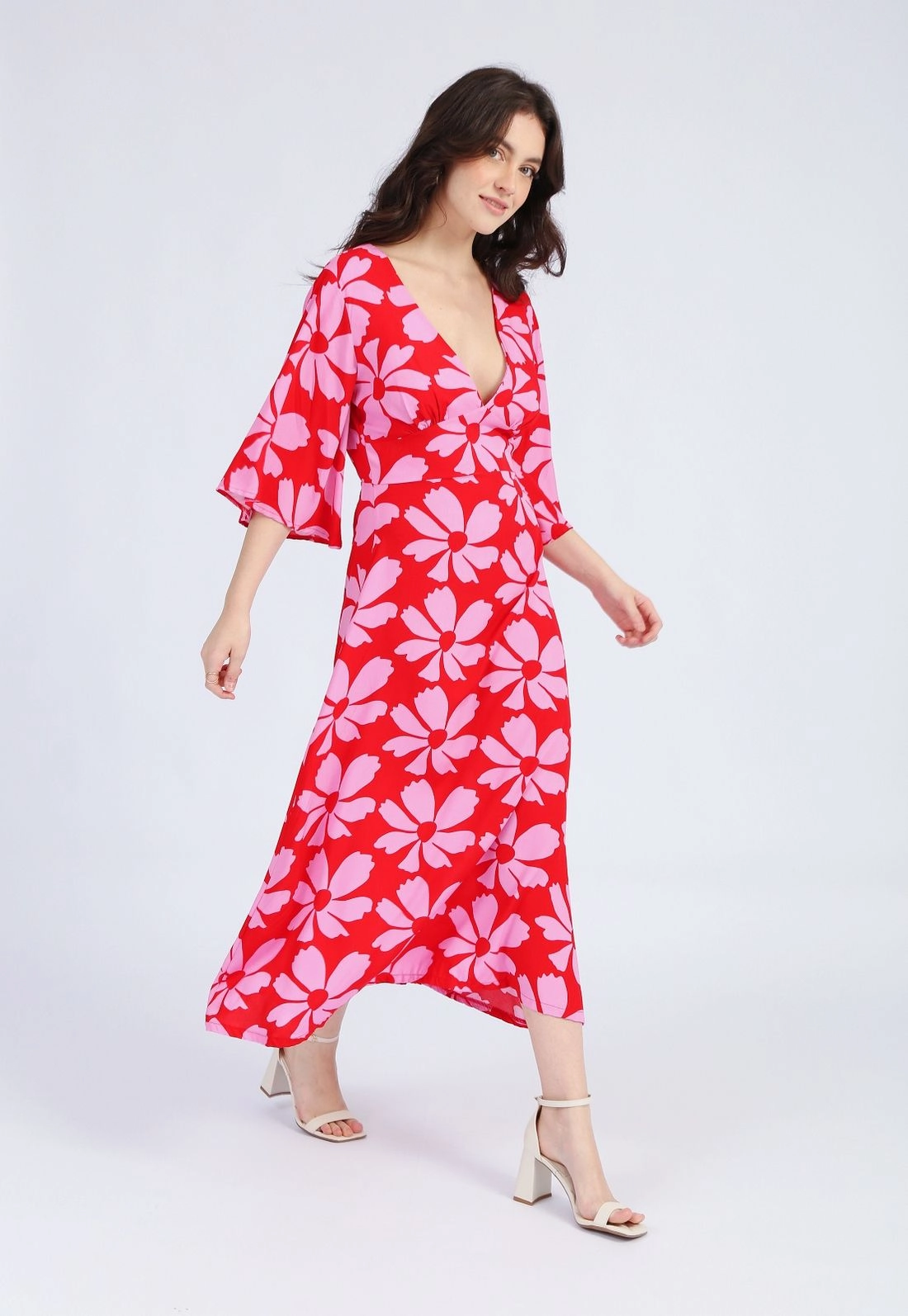 Vestido Viscose Midi 3/4 Flores