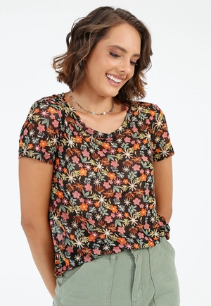 Blusa Tule Floral Decote Redondo
