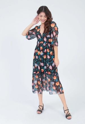 Vestido Tule 7/8 Estampado Decote V