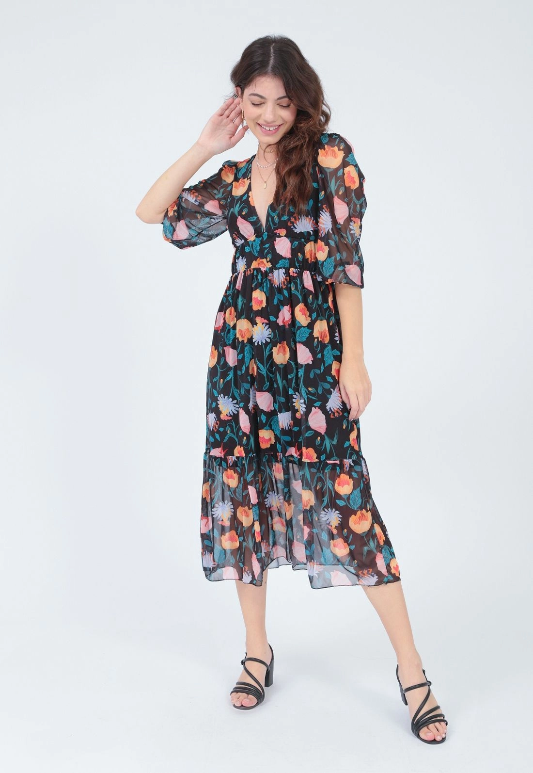 Vestido Tule 7/8 Estampado Decote V