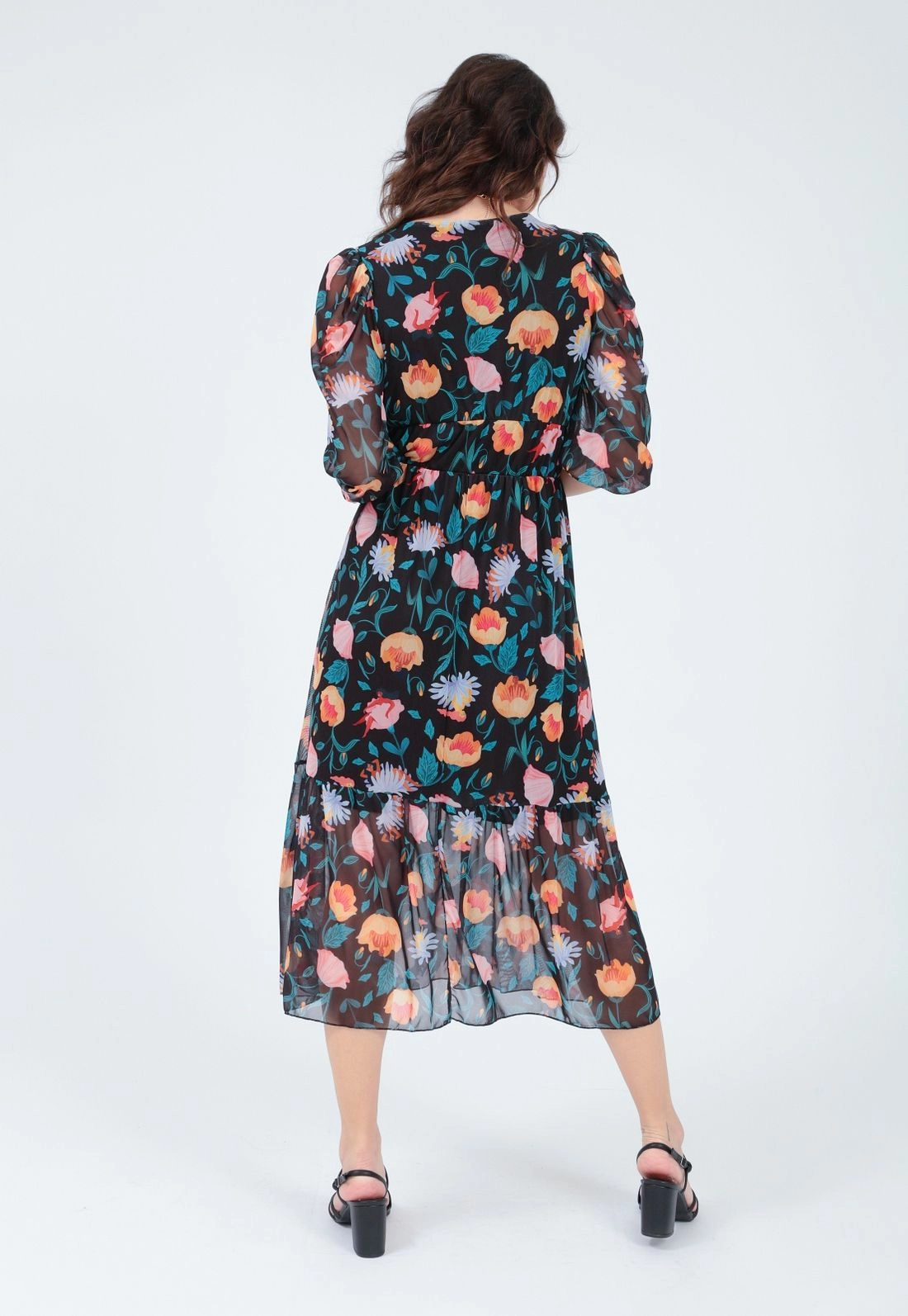 Vestido Tule 7/8 Estampado Decote V