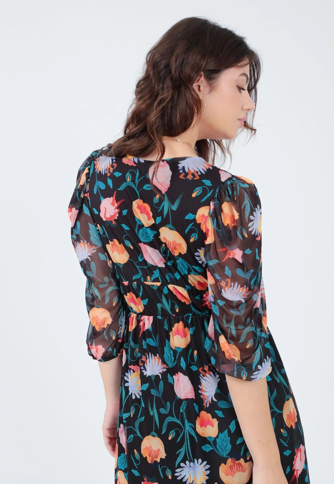 Vestido Tule 7/8 Estampado Decote V