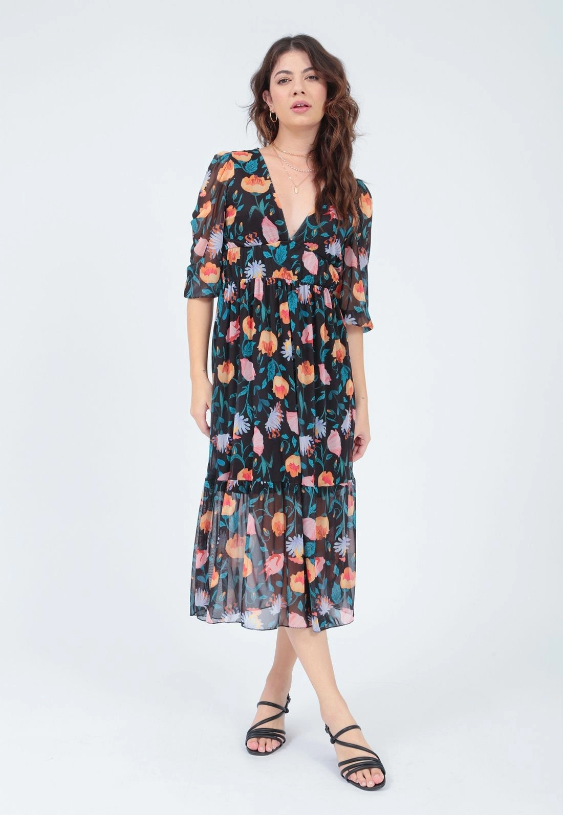 Vestido Tule 7/8 Estampado Decote V