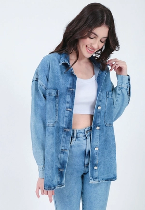 Camisa Sarja Manga Longa Oversize Bolso Azul