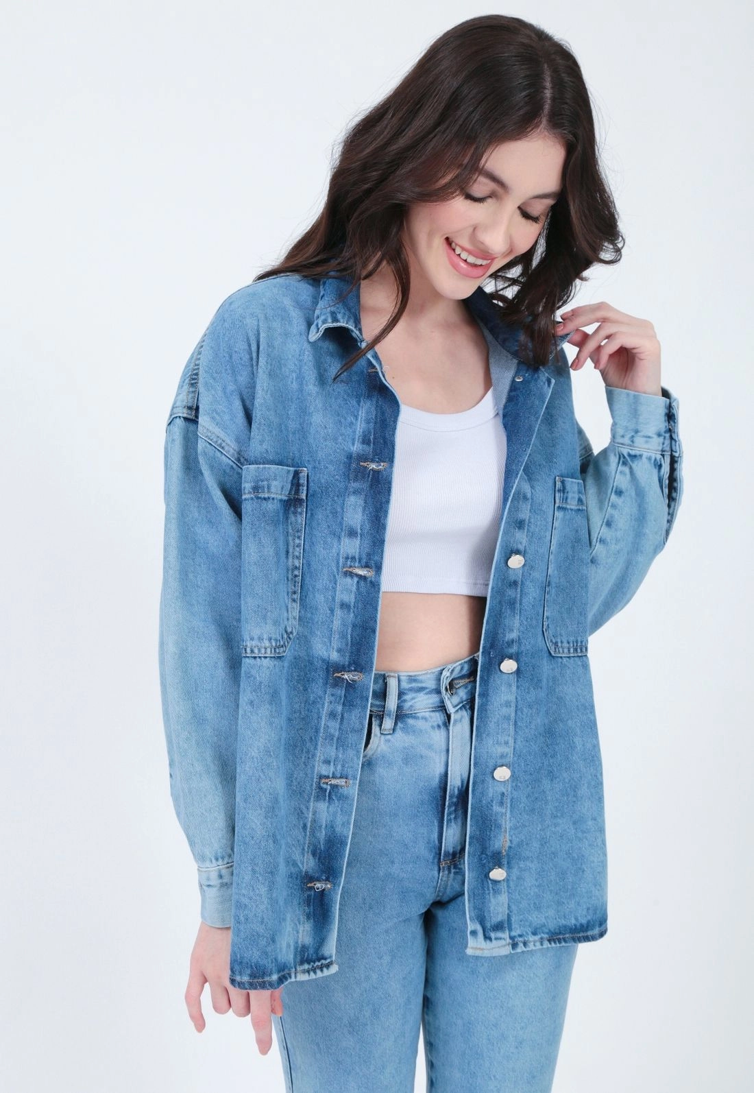 Camisa Sarja Manga Longa Oversize Bolso Azul