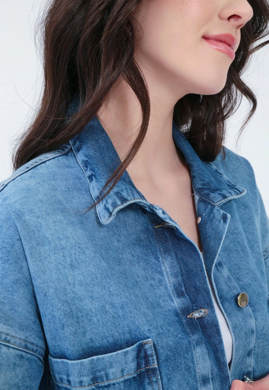 Camisa Sarja Manga Longa Oversize Bolso Azul
