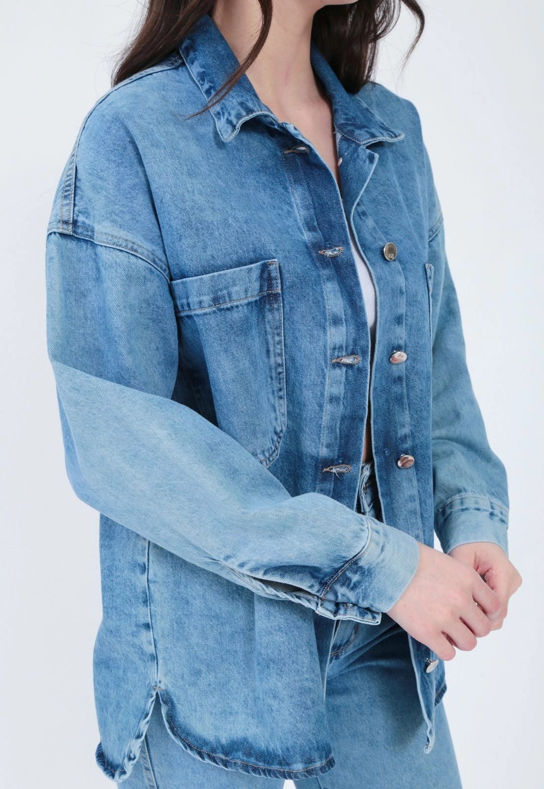 Camisa Sarja Manga Longa Oversize Bolso Azul