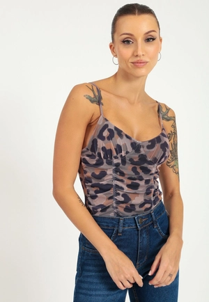 Body Tule Alça Animal Print Recorte Franzido