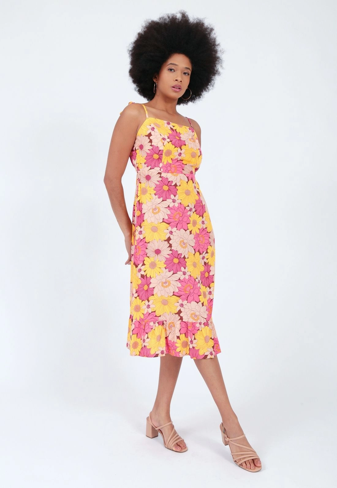 Vestido Viscose Midi  Alça Laço Floral P