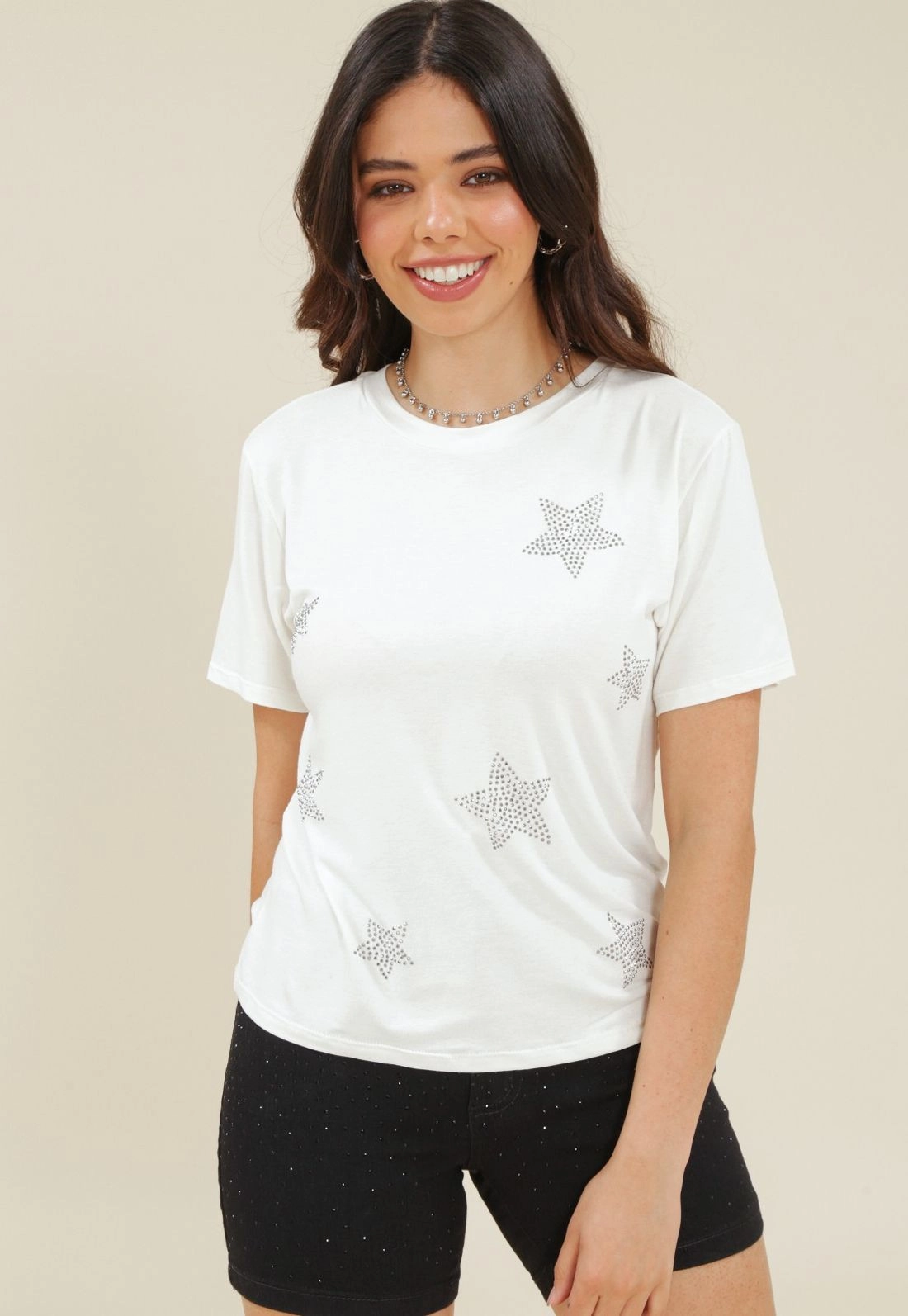 Blusa Em Malha Gazzy Manga Curta Com Aplicacao De Estrelas