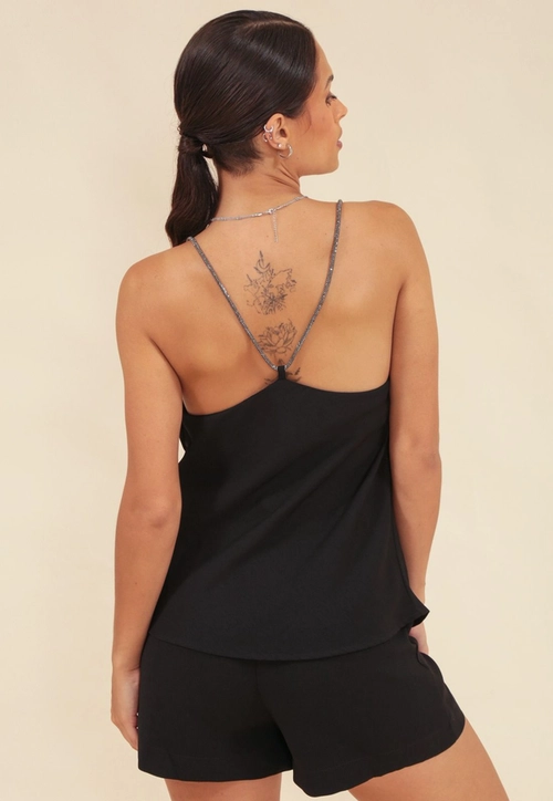 Blusa Crepe Alça Strass Com Decote Degagê