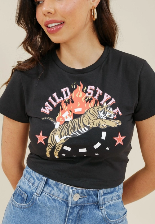 Blusa Cropped Em Cotton Com Manga Curta E Estampa Tigre Color