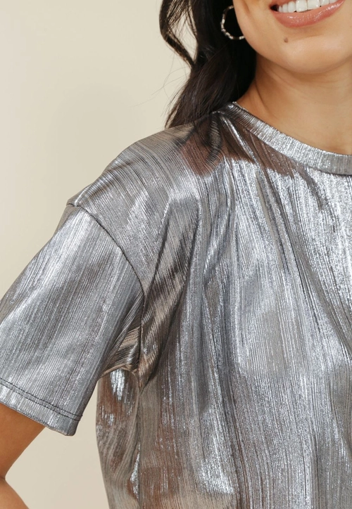 Blusa Cropped Malha Foil Manga Curta