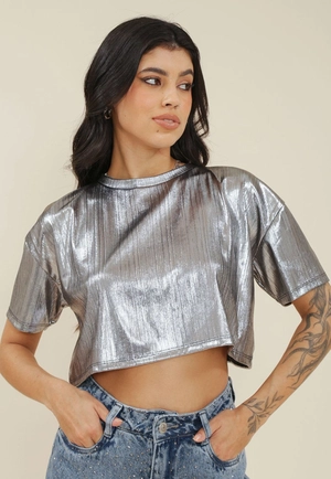 Blusa Cropped Malha Foil Manga Curta