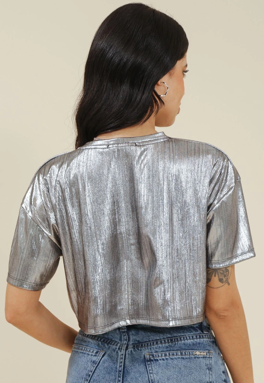 Blusa Cropped Malha Foil Manga Curta
