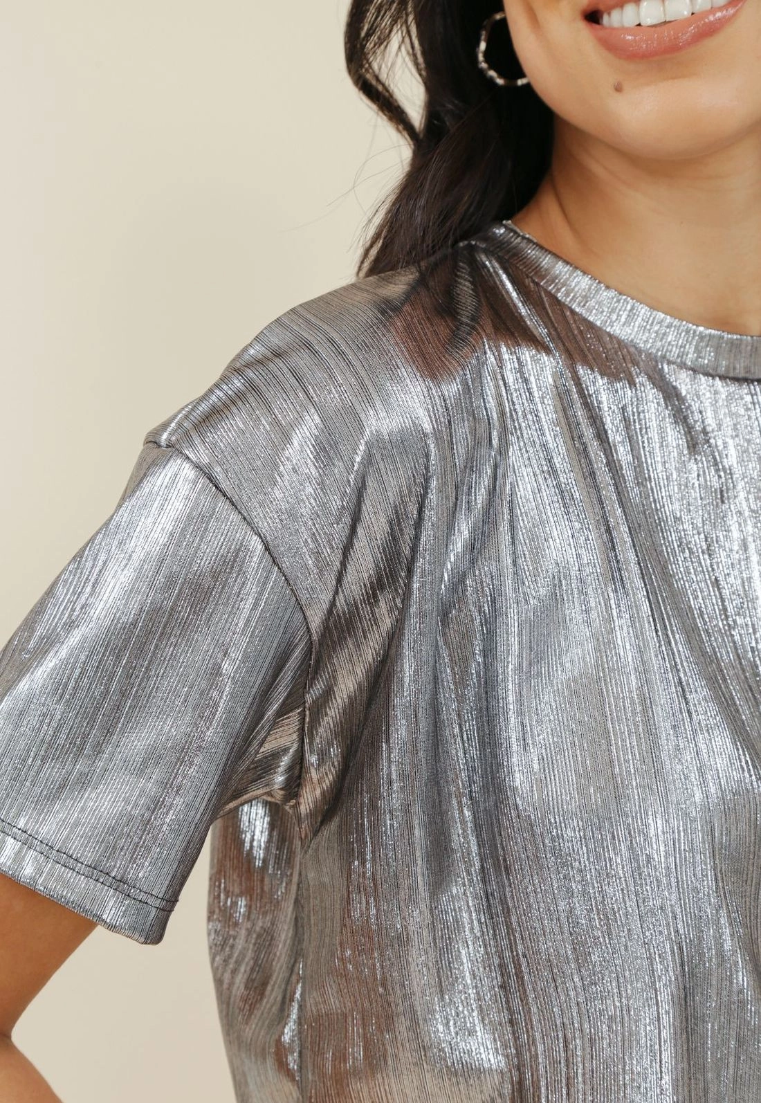 Blusa Cropped Malha Foil Manga Curta