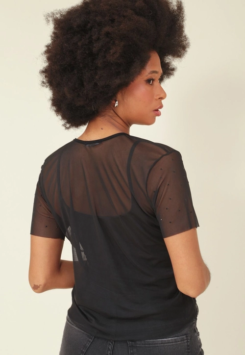 Blusa Tule Manga Curta Aplique Strass