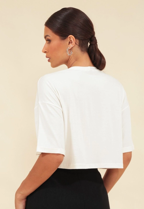 Blusa Cropped Manga Curta Com Silk Dream Em Viscolycra