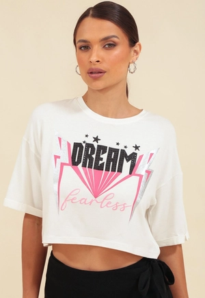 Blusa Cropped Manga Curta Com Silk Dream Em Viscolycra