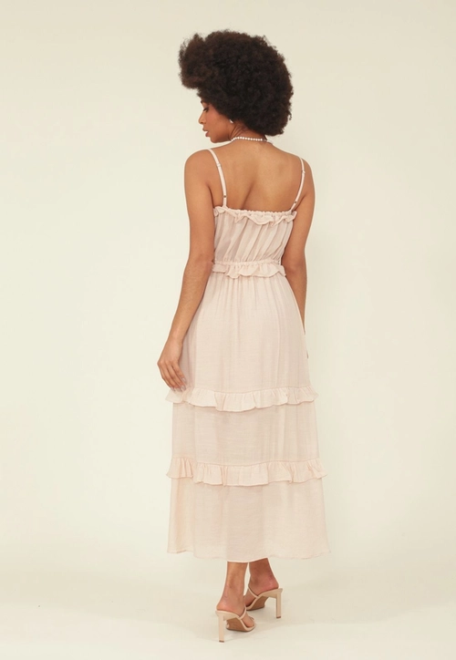 Vestido Midi Viscolinho Maquinetado Alca Babado E Recorte