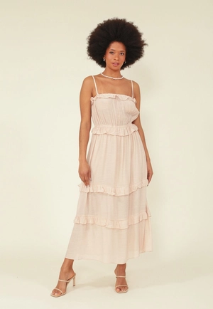 Vestido Midi Viscolinho Maquinetado Alca Babado E Recorte