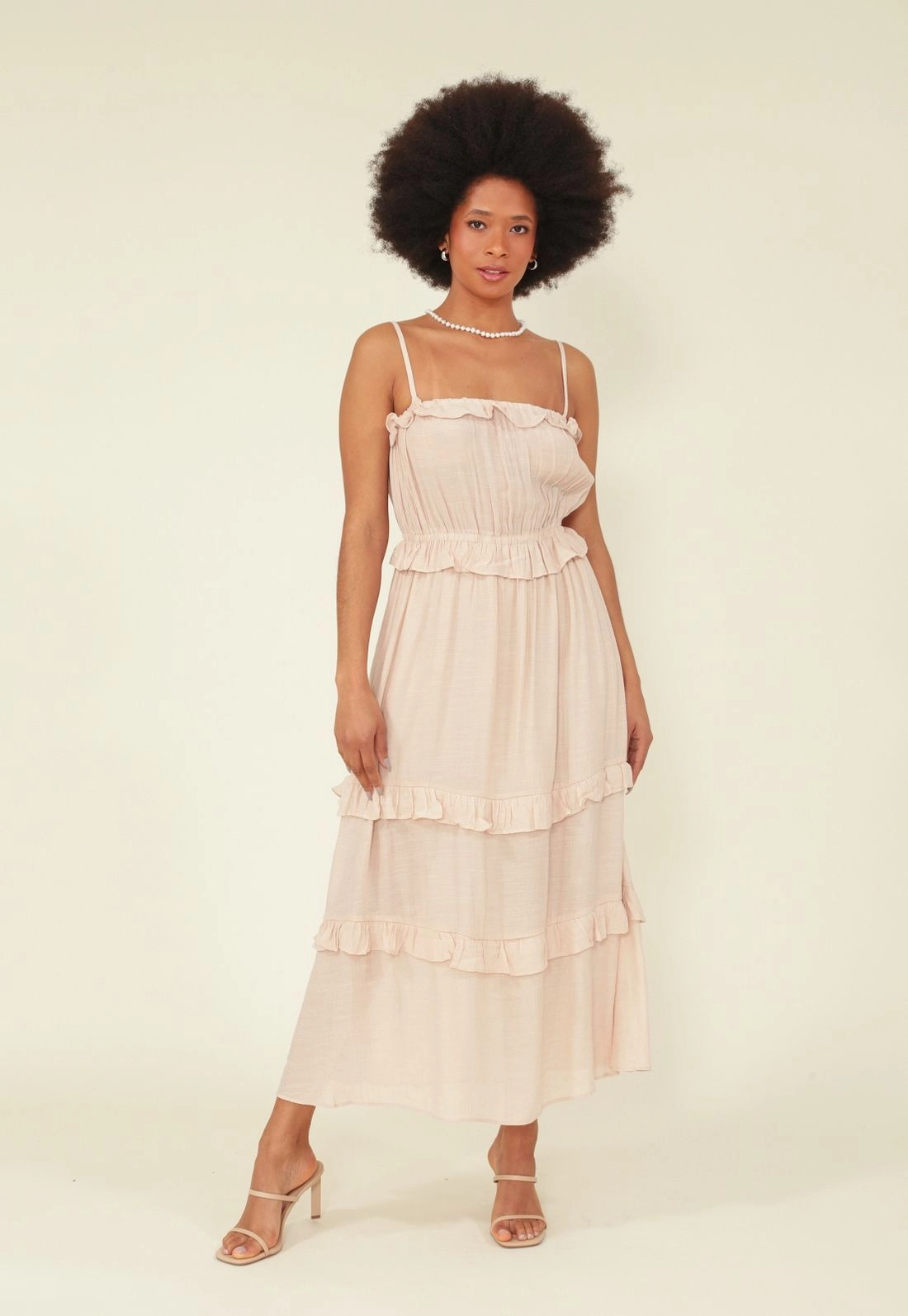 Vestido Midi Viscolinho Maquinetado Alca Babado E Recorte