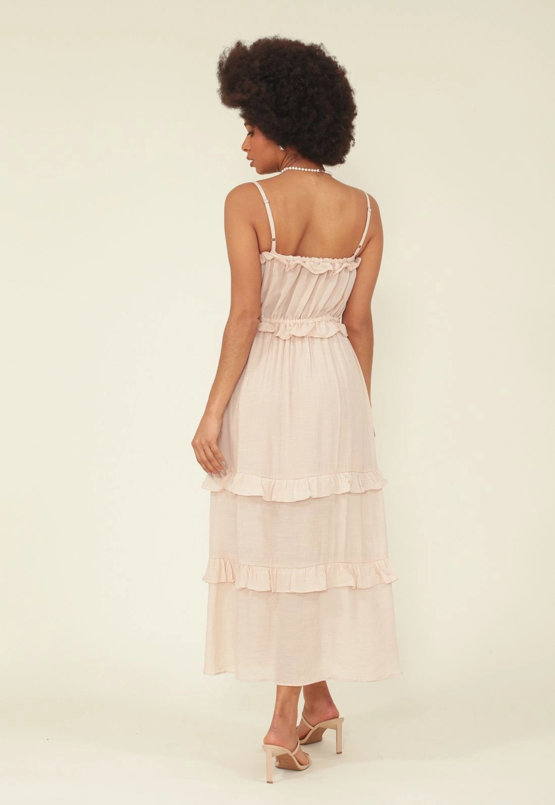 Vestido Midi Viscolinho Maquinetado Alca Babado E Recorte