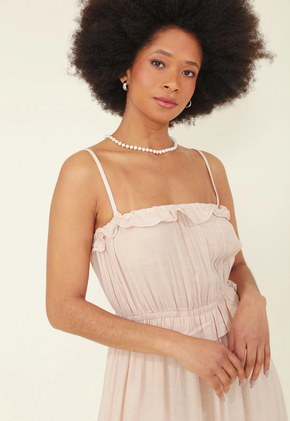 Vestido Midi Viscolinho Maquinetado Alca Babado E Recorte