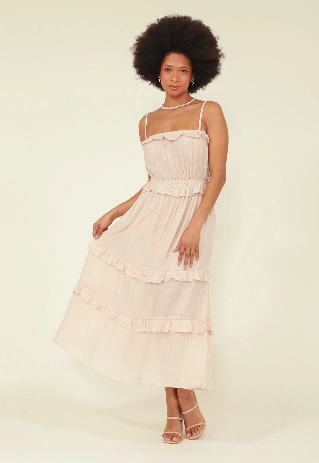 Vestido Midi Viscolinho Maquinetado Alca Babado E Recorte