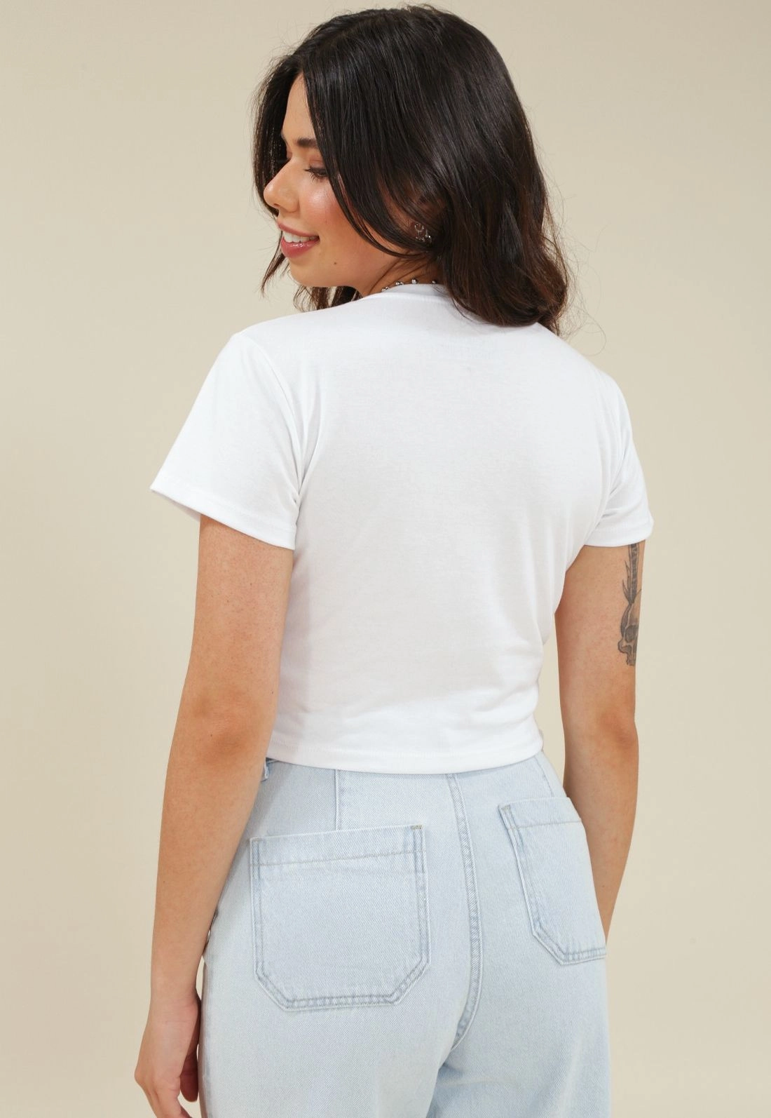 Blusa Cropped Em Cotton Com Manga Curta E Coqueiro/Tigre
