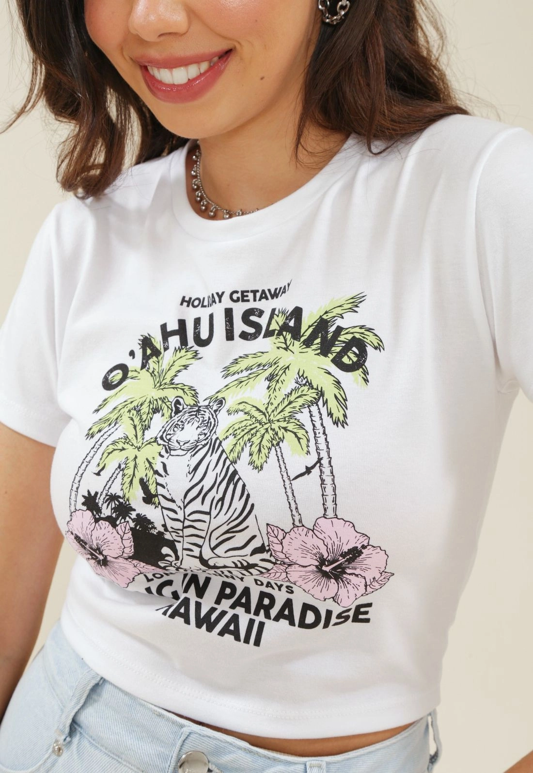 Blusa Cropped Em Cotton Com Manga Curta E Coqueiro/Tigre