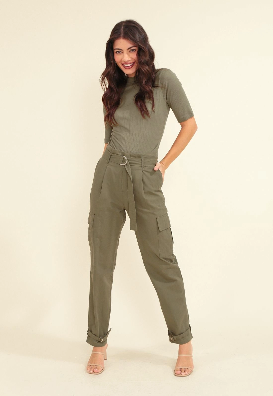 Calça Baggy Em Algodão E Cós Com Cinto