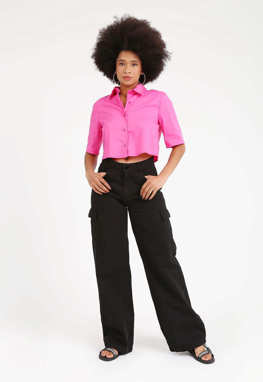 Calça Sarja Wide Leg Bolso Cargo