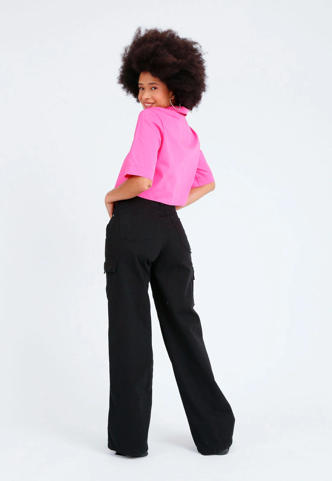 Calça Sarja Wide Leg Bolso Cargo