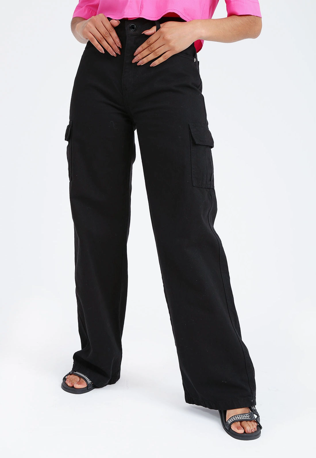 Calça Sarja Wide Leg Bolso Cargo