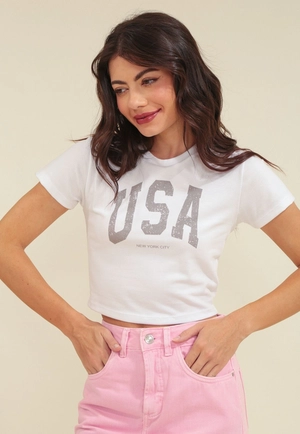 Blusa Cropped Em Cotton Manga Curta USA