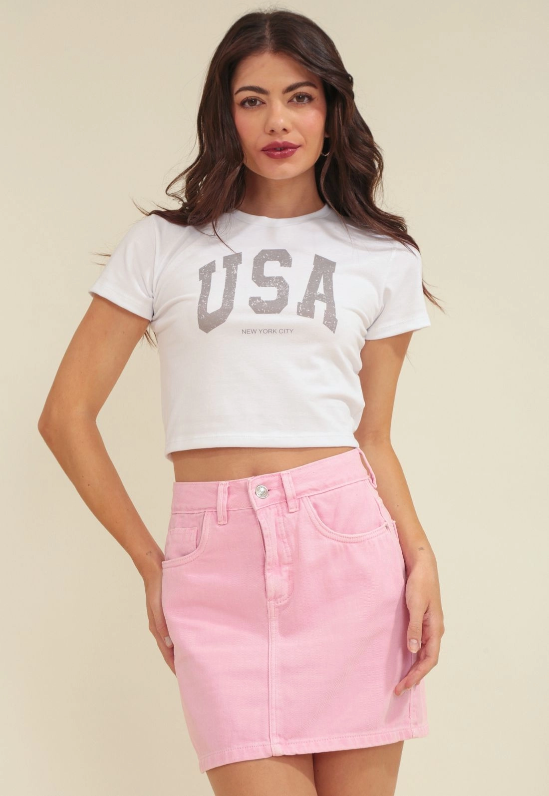 Blusa Cropped Em Cotton Manga Curta USA