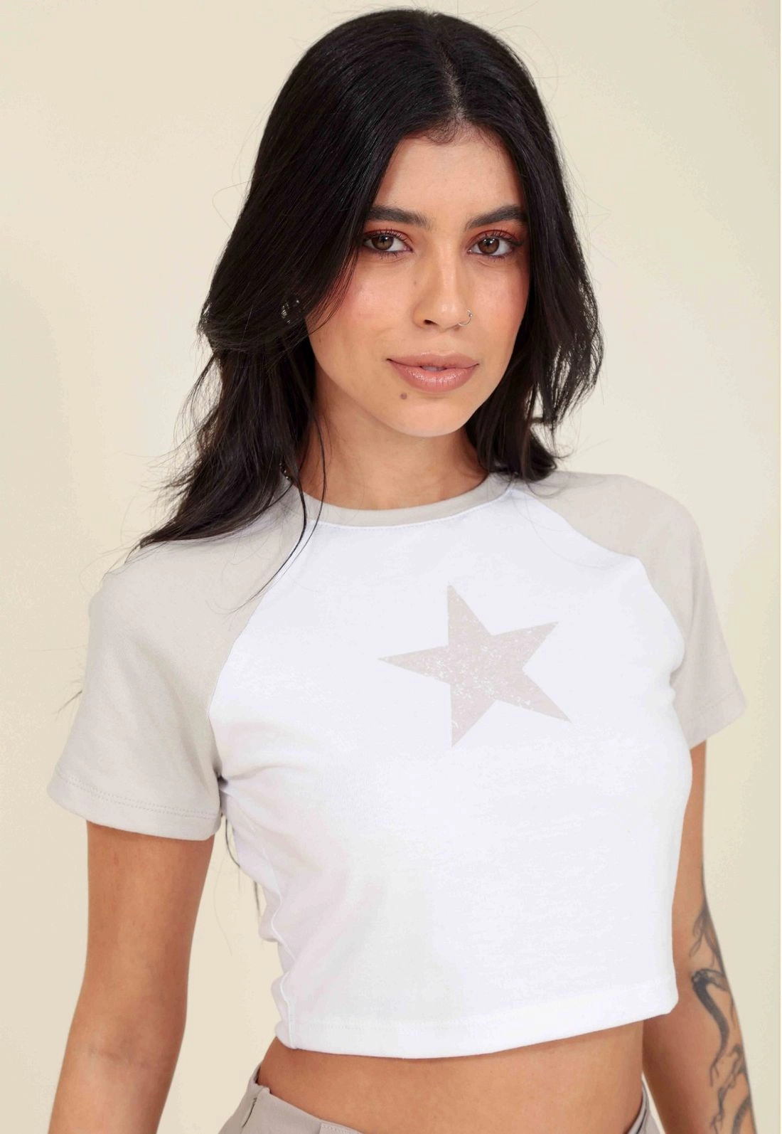 Blusa Cropped Em Cotton Manga Curta Ragla Silk Estrela