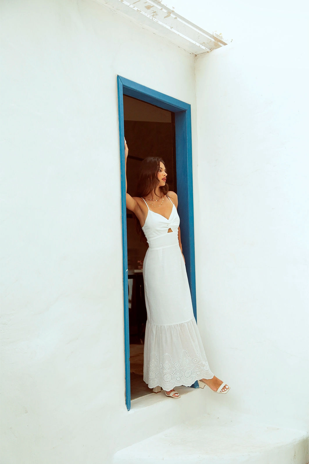 Vestido Longo Em Algodao Com Barra Lasie E Alca