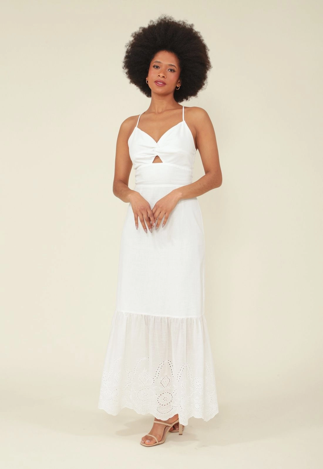 Vestido Longo Em Algodao Com Barra Lasie E Alca