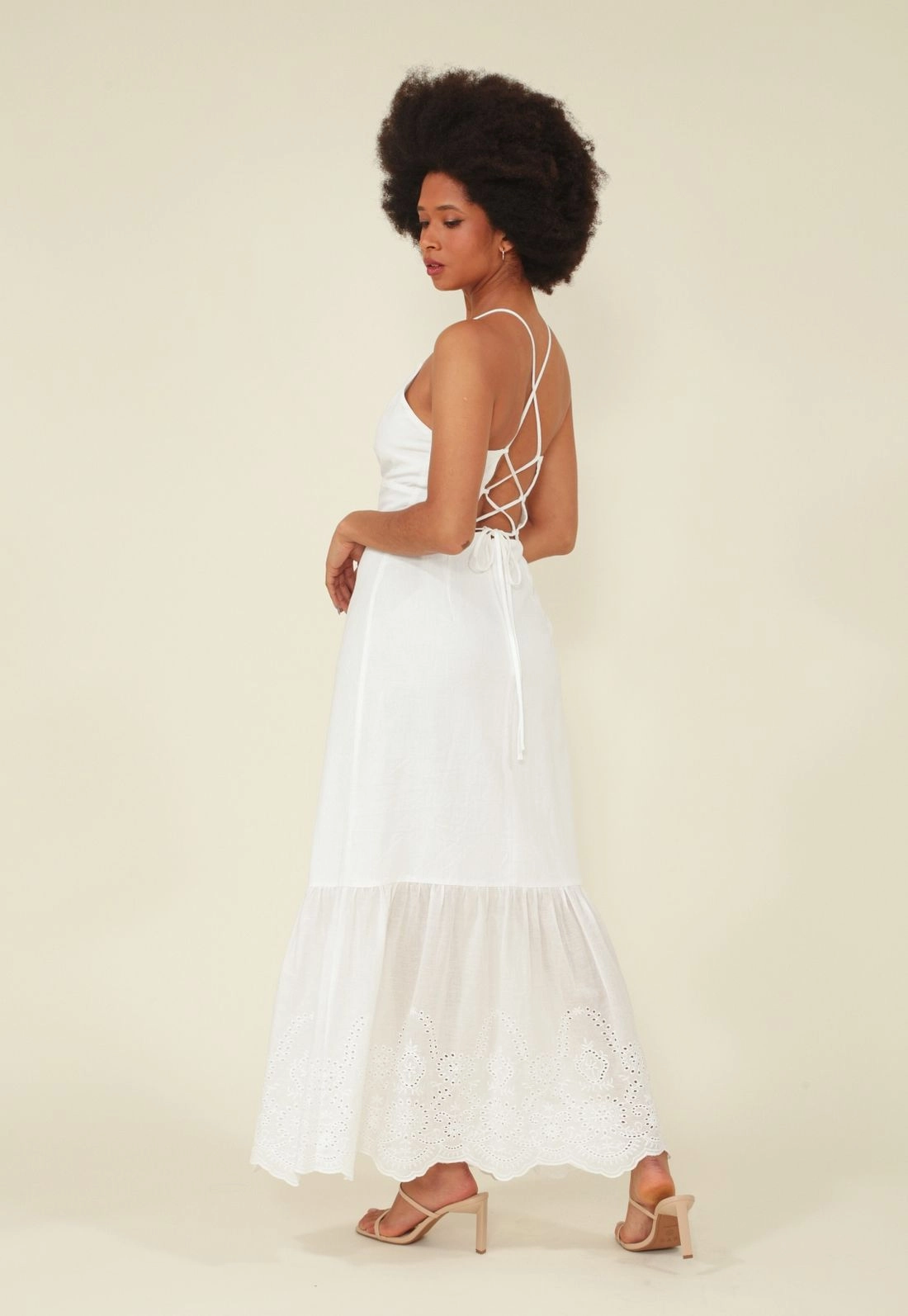 Vestido Longo Em Algodao Com Barra Lasie E Alca