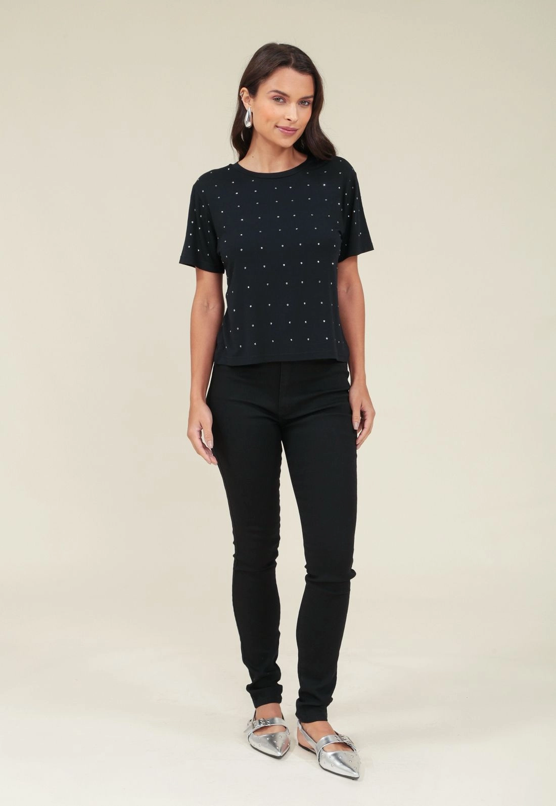 Blusa Manga Curta Aplique Strass