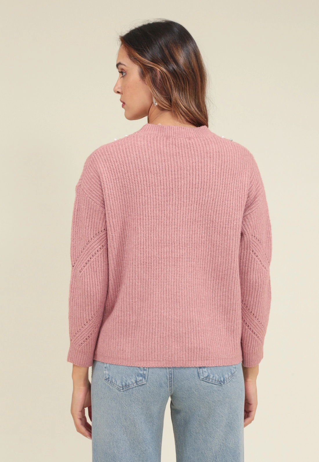 Blusa Tricô Oversized Manga Longa Com Pérolas E Cristal