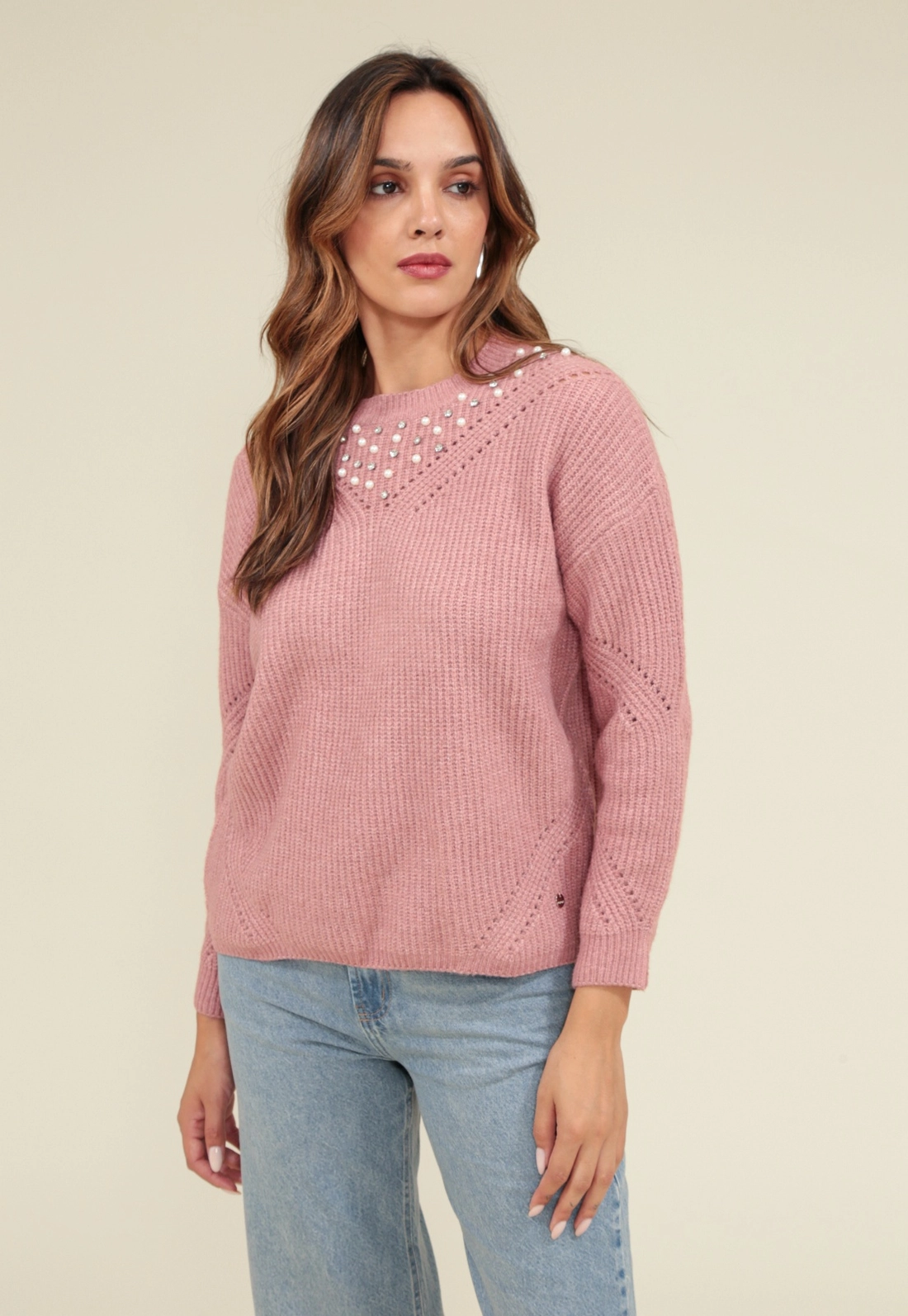 Blusa Tricô Oversized Manga Longa Com Pérolas E Cristal
