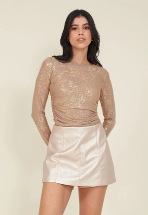Blusa Em Tule Foil Manga Longa E Franzido Lateral