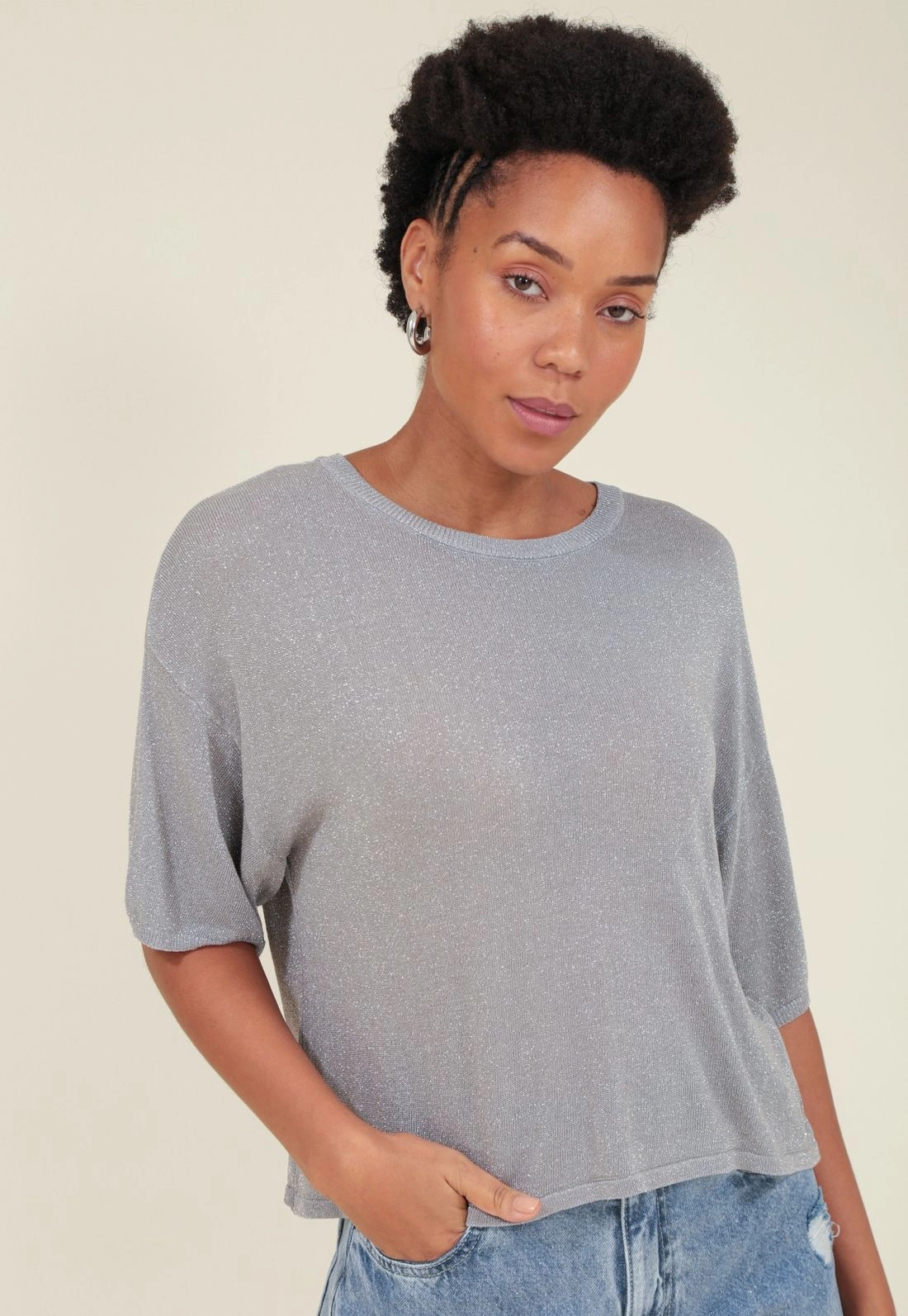 Blusa Tricô Manga Curta Com Lurex